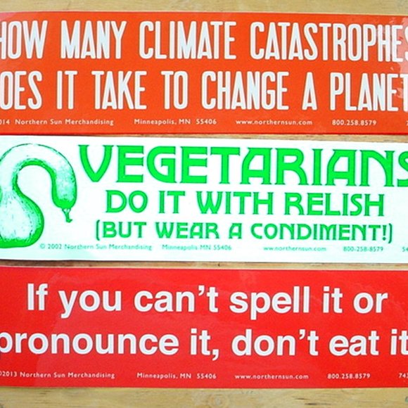 3 BUMPER STICKERS CLIMATE ENVIRONMENT VEGETARIAN HEALTH 11-1/2" X 3" - Picture 1 of 1